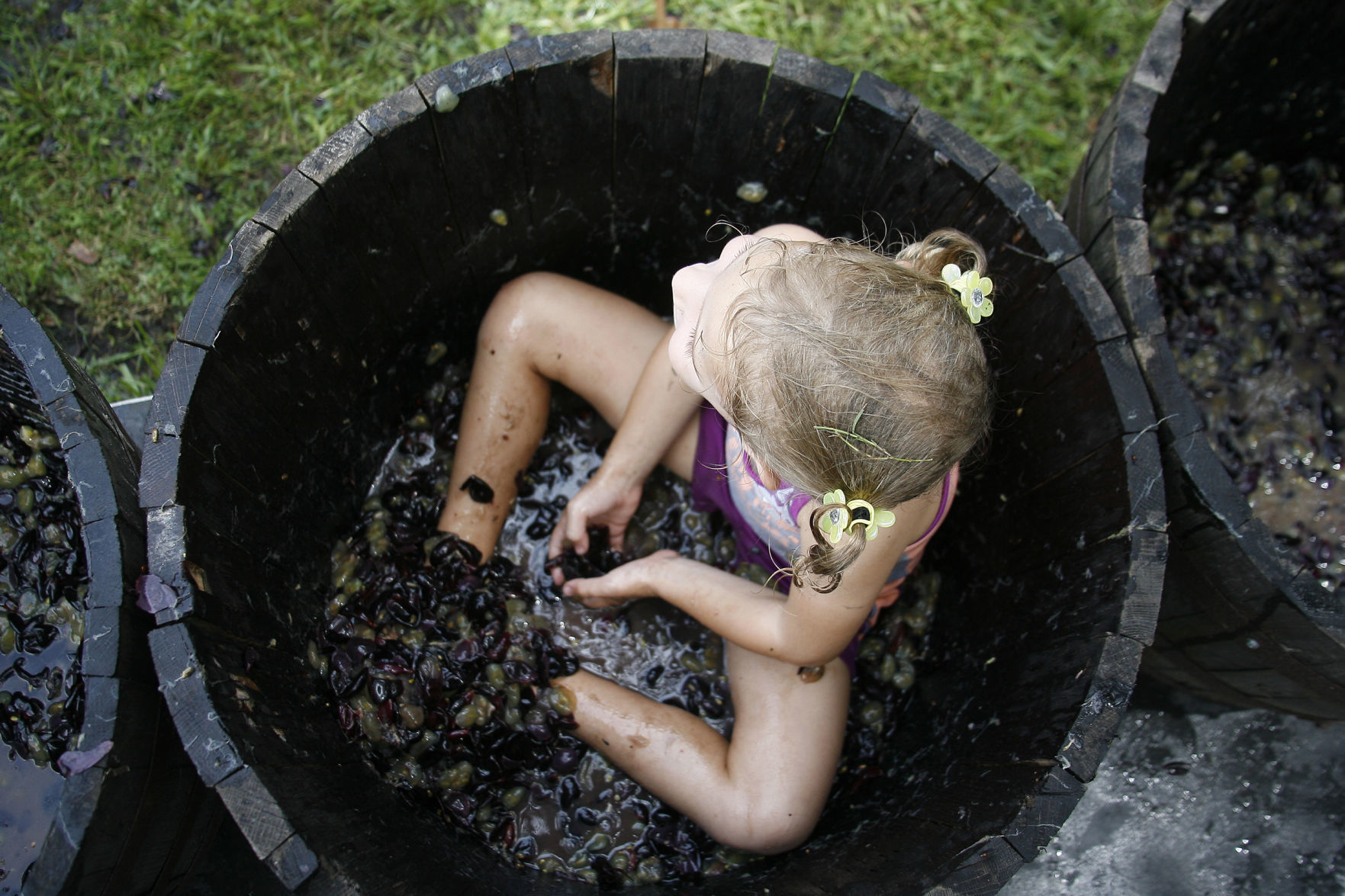 girl in grape-stomp bucket